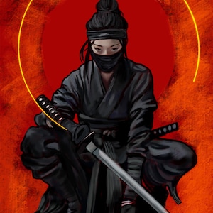 Stampa artistica digitale di una donna samurai con katana luminosa e sfondo di luna piena / Decorazione murale di un guerriero giapponese / Poster con download immediato