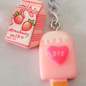 Valentine’s Day Keychains - Ice Cream Bar Phone Charms, Coquette Trendy Love, Fun Strawberry Milk Valentine Accessories, Handmade Y2K