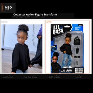 May include: A collector action figure in packaging labeled LIL BOSS. The figure has dark hair in a bun, wears a black hoodie and blue jeans, and includes accessories: a black backpack, a black cup, black sunglasses, and a silver microphone.