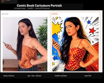 Comic-Porträt-Vorlage – Verwandle jedes Foto in ausdrucksstarke Pop-Art – KI-gestützte Chat-Vorlage (ChatGPT) – Sofort-Download