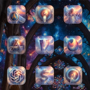 May include: Nine square digital art icons with a celestial theme. The icons feature logos for eBay, Apple, Pinterest, and others, set against a backdrop of a stained-glass window with a starry sky. The color palette includes blues, purples, and oranges.