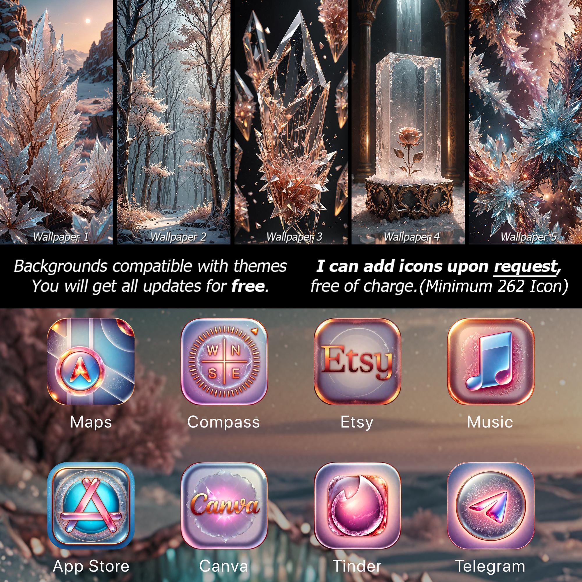 App Icon Pack, Frosted Crystal Ice Glass Icons, Rose Gold Fantasy UI ...