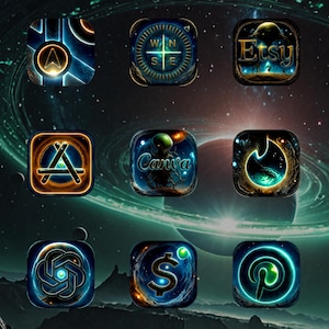 May include: A collection of nine app icons with a space-themed design. The icons feature various symbols and text, including a compass, the Etsy logo, and the Canva logo, all set against a cosmic background with a gradient of blues, oranges, and greens.