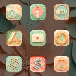 Puede incluir: Una colección de nueve iconos de aplicaciones cuadrados con un diseño de corte de papel. Cada icono presenta un diseño diferente, incluyendo una flecha de navegación, un botón de reproducción y el logotipo de Apple TV. La paleta de colores incluye tonos de naranja, verde y beige.