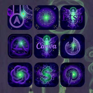 May include: Nine app icon designs with a celestial theme. Each square icon features a different design, including a compass, the Etsy logo, the Canva logo, a dollar sign, and a Pinterest logo. The color palette includes shades of purple, green, and white.