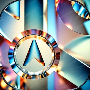 May include: Abstract digital art featuring a central circular design with a blue upward arrow. The design is surrounded by reflective, curved shapes in shades of blue, orange, and silver, creating a sense of depth and movement. The image has a futuristic aesthetic.