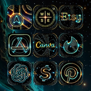 Könnte beinhalten: Neun App-Symbole mit kosmischem Design. Die Symbole umfassen einen Navigationspfeil, einen Kompass, das Etsy-Logo, das App Store-Logo, das Canva-Logo, das Tinder-Logo, das ChatGPT-Logo, das Dollarzeichen und das Pinterest-Logo. Jedes Symbol hat einen schwarzen Hintergrund mit goldenen und türkisfarbenen Akzenten.