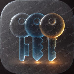 Op de afbeelding: Drie doorschijnende sleutels in verschillende tinten blauw en amber zijn verticaal gerangschikt op een donkere ondergrond. De sleutels hebben afgeronde toppen en gedetailleerde sleuteltanden. De afbeelding heeft een zacht, gloeiend effect, wat licht van onderaf suggereert.