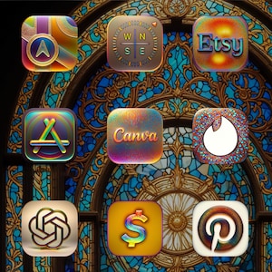 May include: Nine colourful app icons against a stained-glass backdrop. The icons feature a compass, Etsy, Canva, Apple App Store, a dollar sign, and Pinterest. The icons have a 3D effect with vibrant colours and detailed designs.