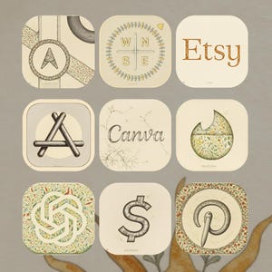 Peut inclure: Neuf illustrations carrées aux coins arrondis. Les illustrations présentent une boussole, le mot "Etsy", le logo Apple, le mot "Canva", un motif floral, un logo stylisé, un symbole dollar et le logo Pinterest. La palette de couleurs est beige, marron et vert.