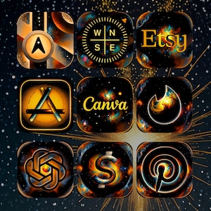May include: Nine app icons with a cosmic design. The icons feature a compass, the Etsy logo, and the Canva logo, set against a backdrop of swirling colours and stars. The colour palette includes gold, orange, and blue. The icons are square with rounded corners.