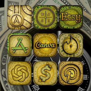 Peut inclure: Neuf icônes d'applications carrées avec une esthétique steampunk. Les icônes présentent divers motifs, dont une boussole, une horloge, le logo Etsy et le logo Canva, le tout dans des tons or et vert. L'arrière-plan montre une horloge et de l'argent.