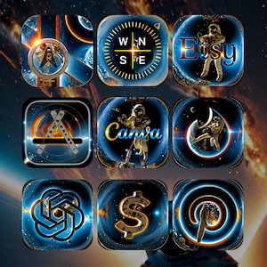 Könnte beinhalten: Eine Sammlung von neun App-Icon-Designs mit Weltraumthema. Jedes Icon zeigt ein anderes Design, darunter ein Astronaut, ein Kompass, das Etsy-Logo, das Canva-Logo und ein Dollarzeichen, alles vor einem blauen und orangefarbenen kosmischen Hintergrund.