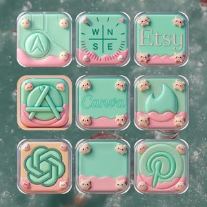 Peut inclure: Neuf icônes d'applications carrées dans une grille, chacune avec un design unique. Les icônes présentent une palette de couleurs vert menthe et rose, avec des ornements en forme d'ours. Certaines icônes affichent les logos Etsy, Canva et Pinterest.
