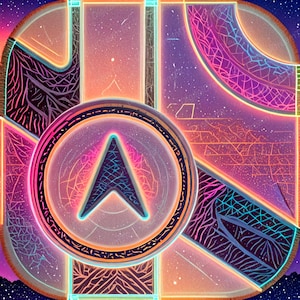 May include: Abstract digital art with a vibrant color palette of purple, pink, orange, and blue. The artwork features a central circular design with an arrow-shaped element, surrounded by geometric shapes and intricate patterns.