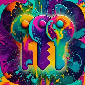 Könnte beinhalten: Abstrakte digitale Kunst mit drei farbenfrohen Schlüsseln in einem lebendigen, psychedelischen Design. Die Schlüssel sind in Gelb-, Rosa-, Türkis- und Lilatönen gehalten, mit einem tropfenden Farbeffekt. Der Hintergrund ist ein Wirbel aus Komplementärfarben.