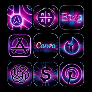 Puede incluir: Nueve diseños de iconos de aplicaciones con un efecto de brillo de neón. Los iconos incluyen una flecha de navegación, una brújula, el logotipo de Etsy, un logotipo de Apple App Store, el logotipo de Canva, una silueta de una persona, un logotipo de ChatGPT, un signo de dólar y el logotipo de Pinterest, todo sobre un fondo negro.