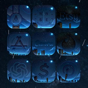 May include: Nine app icon designs with a starry night sky background and city silhouettes. Icons include a compass, Etsy logo, Apple logo, Canva logo, a flame, a dollar sign, and a Pinterest logo. The color scheme is primarily blue.