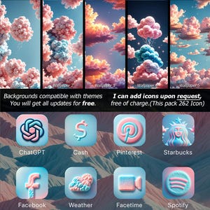 Puede incluir: Diseño de arte digital con cinco fondos de pantalla con temática de nubes e iconos de aplicaciones. Los fondos de pantalla muestran formaciones de nubes rosas y azules sobre un cielo azul. Los iconos de aplicaciones incluyen ChatGPT, Cash, Pinterest, Starbucks, Facebook, Weather, Facetime y Spotify.