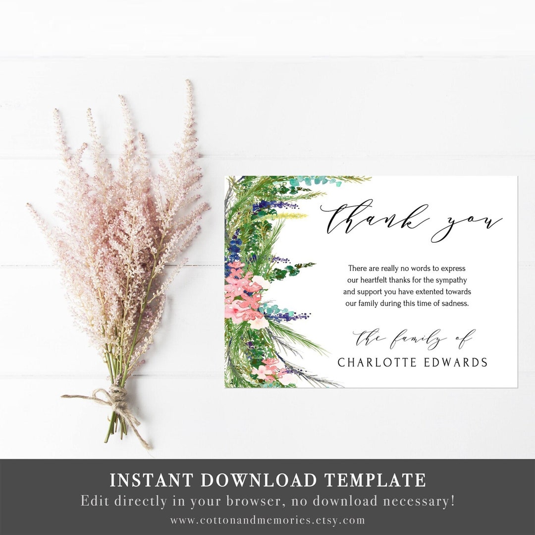 Greenery Funeral Acknowledgement Card Template Sympathy Acknowledgement