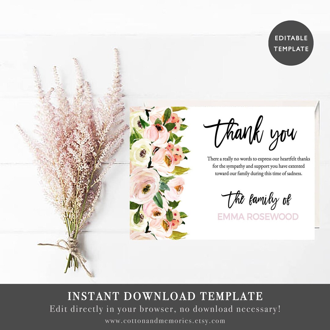 Funeral Acknowledgement Card Template Sympathy Acknowledgement Etsy