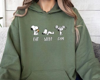 Funny Workout Hoodie, Snoopy Eat Sleep Gym Jumper, Fitness Pullover, Gym Lover Gift