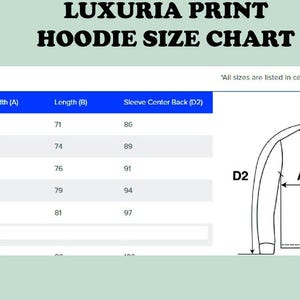 May include: Hoodie size chart with measurements in inches for width, length, and sleeve center back. The chart includes sizes S, M, L, XL, and 2XL. A diagram shows how to measure the width, length, and sleeve center back of a hoodie.