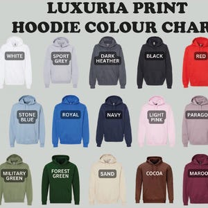 May include: Color chart showing 15 different hoodie colors. The colors are: white, sport grey, dark heather, black, red, stone blue, royal blue, navy, light pink, paragon, military green, forest green, sand, cocoa, and maroon.