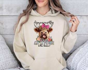 Highland Cow Hoodie, Apparently I Have an Attitude Jumper, Floral Cow Pullover, Funny Cow Hoodie, Girls Cow Jumper, Cute Cow Hoodie