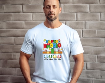 Custom Dad T-Shirt, Super Daddio Shirt, Kids Names Mario Tee, Personalisation Dad Tshirt, Mario Father T Shirt, Father’s Day T shirt