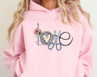 Knitting Lover Hoodie, Love Knitting Pullover, Floral Knitting Jumper, Gift For Knitters Top, Knitting Needles Top, Cute Crochet Hoodie