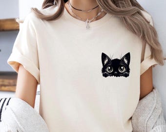 Black Cat Shirt, little Cat T-Shirt, Cat Mum Gift Tshirt, Cute Cat Shirt, Halloween Cat T Shirt, Cat Lover Tee, Pocket Size Cat Tshirt