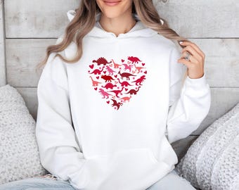 Dinosaur Heart Hoodie, Cute Dinosaur Pullover, Dino Lover Jumper, Love Dinosaur Top, Valentine's Day Top, Dinosaur Heart Love Hoodie
