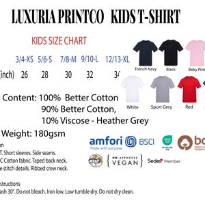 The image is a kids t-shirt chart from Luxuria Printco, featuring various sizes and colors of t-shirts.