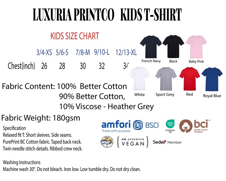 The image is a kids t-shirt chart from Luxuria Printco, featuring various sizes and colors of t-shirts.