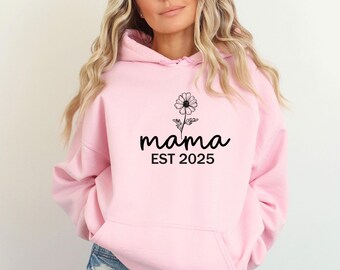 Sunflower Mum Hoodie, Custom Mum Pullover, Mum Year Jumper, Personalised Mother Top, EST 2025 Jumper, Floral Mama Hoodie, Mother Gift Hoodie