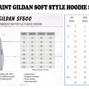 a white hoodie with measurements for the hoodie size chart