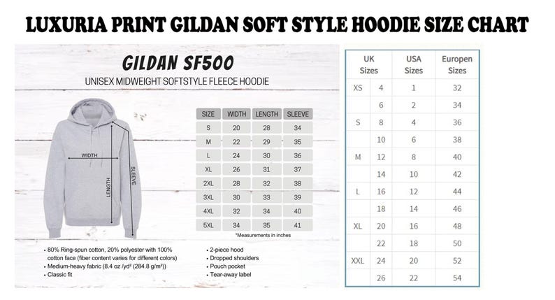 a white hoodie with measurements for the hoodie size chart