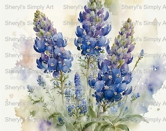 May include: A watercolor painting of bluebonnet flowers with green stems and leaves. The flowers are in a bouquet and are arranged in a vase. The background is a light blue watercolor wash.