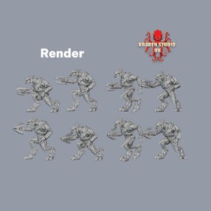 Może przedstawiać: Render ośmiu szarych figurek kosmit&oacute;w w pozycji biegu, każda trzymająca broń. Figurki są szczeg&oacute;łowe z opancerzeniem. Słowo "Render" znajduje się nad figurkami, a czerwone logo ośmiornicy z tekstem znajduje się w prawym g&oacute;rnym rogu.