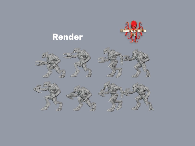 Może przedstawiać: Render ośmiu szarych figurek kosmit&oacute;w w pozycji biegu, każda trzymająca broń. Figurki są szczeg&oacute;łowe z opancerzeniem. Słowo "Render" znajduje się nad figurkami, a czerwone logo ośmiornicy z tekstem znajduje się w prawym g&oacute;rnym rogu.