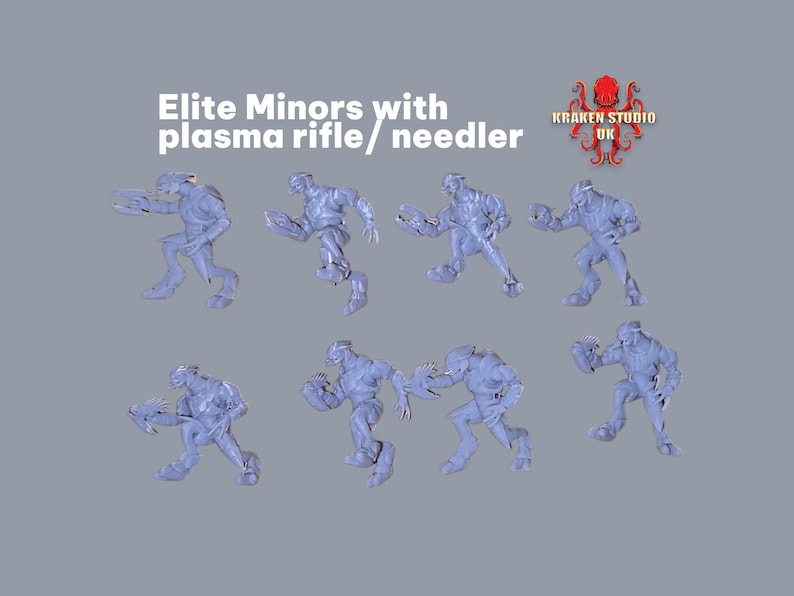 Może przedstawiać: Osiem niebiesko-szarych miniaturowych figurek w dynamicznych pozach, każda z bronią. Tekst "Elite Minors with plasma rifle/ needler" znajduje się nad figurkami, z czerwonym logo ośmiornicy i tekstem "Kraken Studio UK".