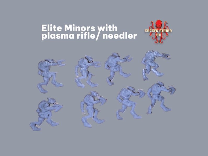 Może przedstawiać: Kolekcja ośmiu jasnoniebieskich figurek Elite Minors, każda w dynamicznej pozie. Figurki trzymają karabiny plazmowe lub needlery. Tekst "Elite Minors with plasma rifle/ needler" jest wyświetlany nad figurkami.