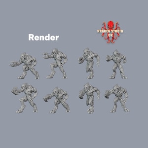 Może przedstawiać: Render ośmiu szarych figurek science fiction w r&oacute;żnych pozach. Figurki są humanoidalne, w zbrojach i hełmach. Obraz zawiera tekst "Render" i logo Kraken Studio UK.