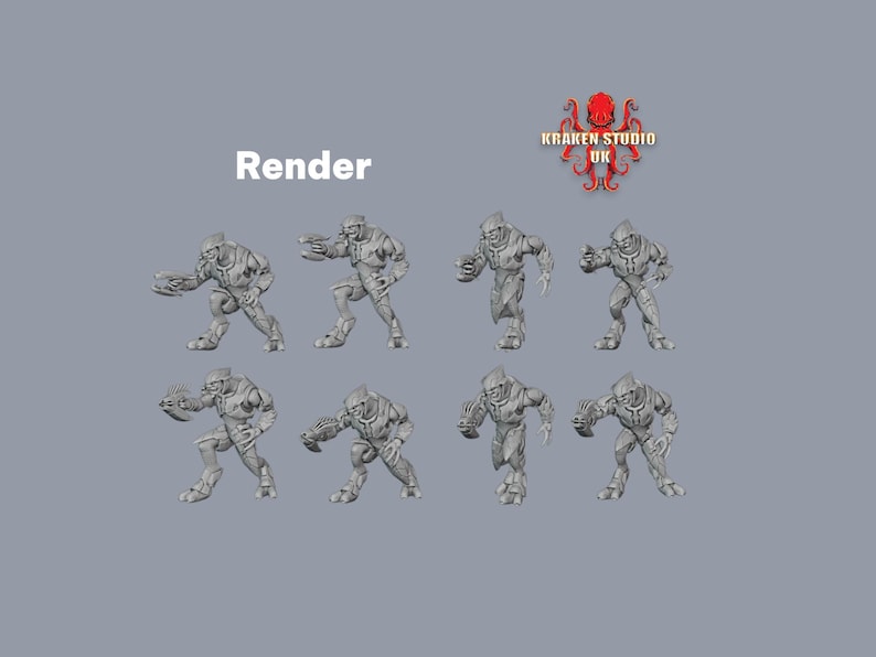 Może przedstawiać: Render ośmiu szarych figurek science fiction w r&oacute;żnych pozach. Figurki są humanoidalne, w zbrojach i hełmach. Obraz zawiera tekst "Render" i logo Kraken Studio UK.