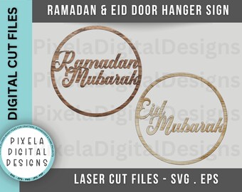 Ramadan SVG, accroche-porte Eid Mubarak SVG, Ramadan et Eid Mubarak rond signe découpé au laser SVG, fichiers découpés au laser islamique musulman