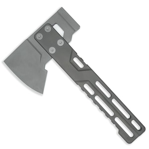 May include: A gray metal axe with a textured handle and a small hole in the blade. The handle has a textured grip and a hole for a lanyard.