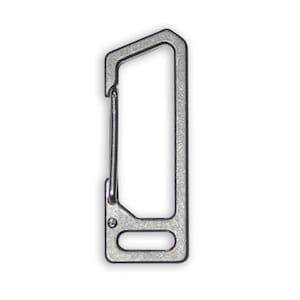 May include: A silver metal carabiner with a spring-loaded gate. The carabiner has a smooth, polished finish.