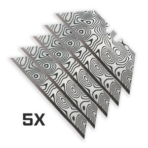 May include: Five razor blades with a black and white swirl pattern. The blades are arranged in a fan shape. The text "5X" is printed below the blades.