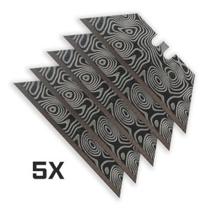 May include: Five black and silver patterned utility knife blades. 5X.